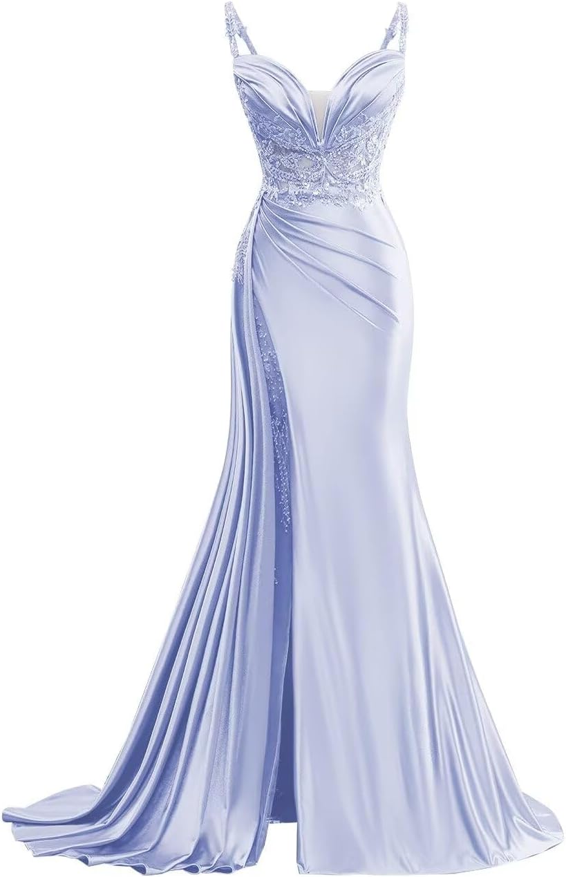 OntoefySpaghetti Straps Satin Prom Dress 2024 Long Mermaid Evening Gown wit Slit V Neck Pleated Formal Dress with Tail