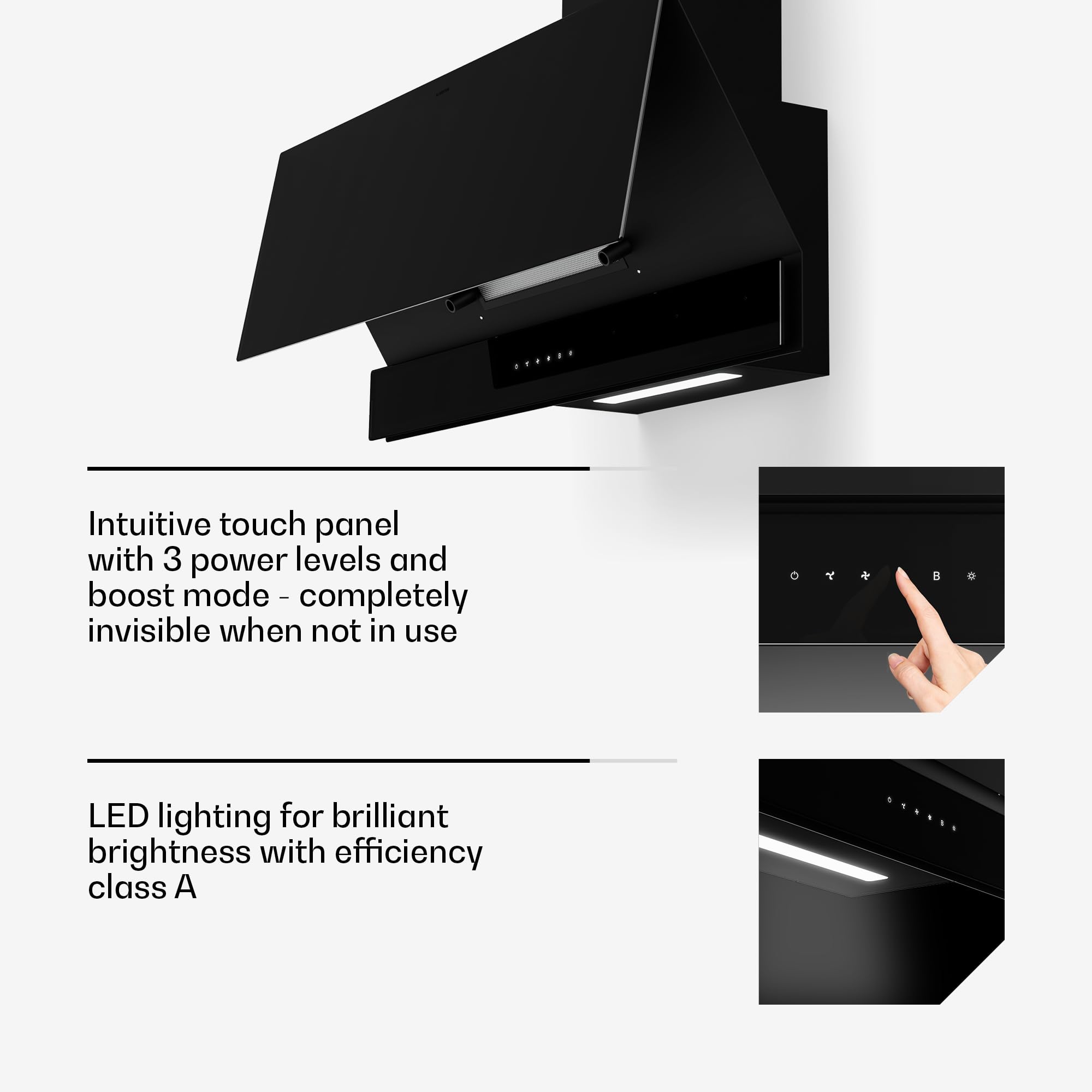 Klarstein Velaire okap kuchenny 90 cm, zwiększenie efektywności energetycznej 820 m³/h, klasa energetyczna A++, obsługa dotykowa, LED, cichy, filtr aluminiowy i z węglem aktywnym, okap kuchenny 90 cm