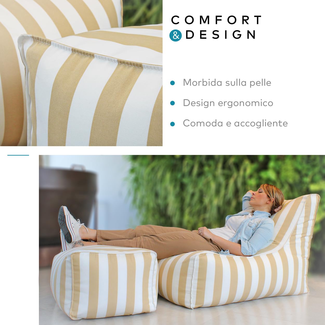 Deshome - Poltrona da esterno giardino con pouf poggiapiedi idrorepellente sfoderabile: Chaise longue da esterno con imbottitura lettino puff design Light Pouf Fango