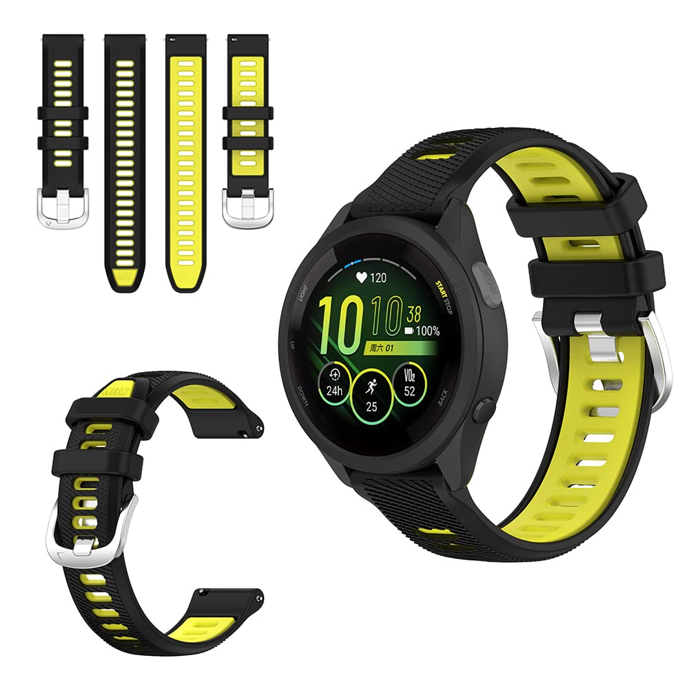 QINOUK Silicone Strap for Garmin Forerunner 265s, [Breathable] Soft Silicone Sport Replacement Strap, Two-tone Strap, Adjustable Design, for Garmin Forerunner 265s-Black Yellow