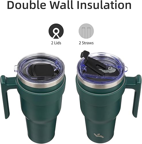 Miniatura 3 de Vaso de 40 onzas con asa y 2 pajillas, 2 tapas, botella de agua aislada de acero inoxidable al vacío, taza de viaje reutilizable, verde militar