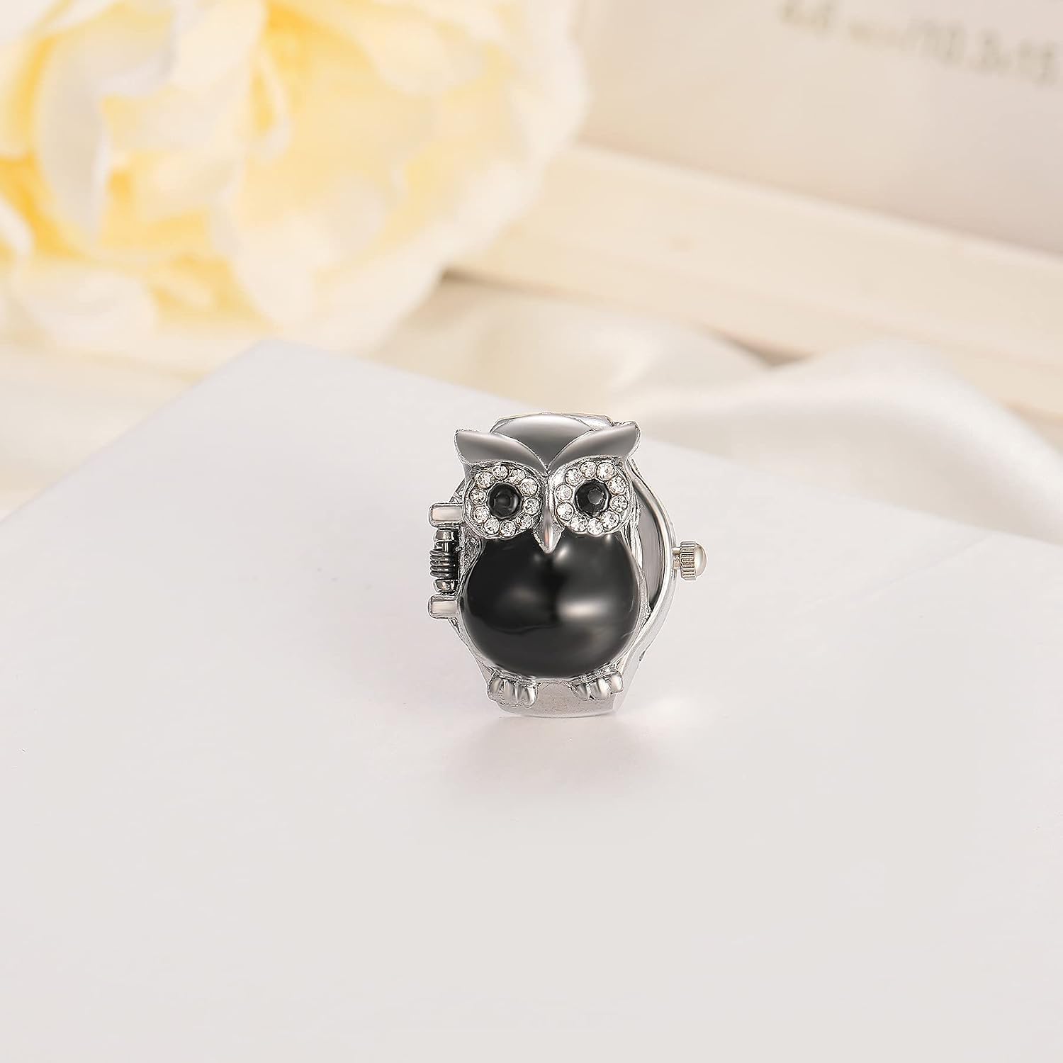 JewelryWe Women Men Finger Watch Stylish Owl Flip-Open Cover Quartz Analog Ring Watches, Adjustable Size, for Mother's Day
