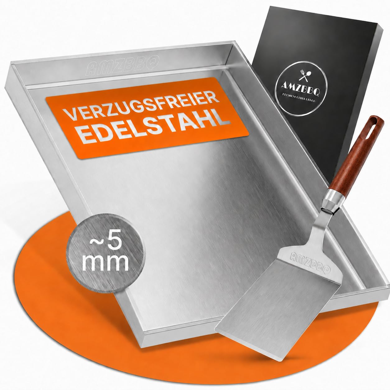 AMZBBQ® Premium Plancha Set - 40 x 30 cm - ca. 5 mm massiver Edelstahl - 20% stärker als herkömmliche Planchas - Grillplatte für Gas & Kohlegrill - Grillzubehör Geschenk für Männer inkl. Grillspachtel
