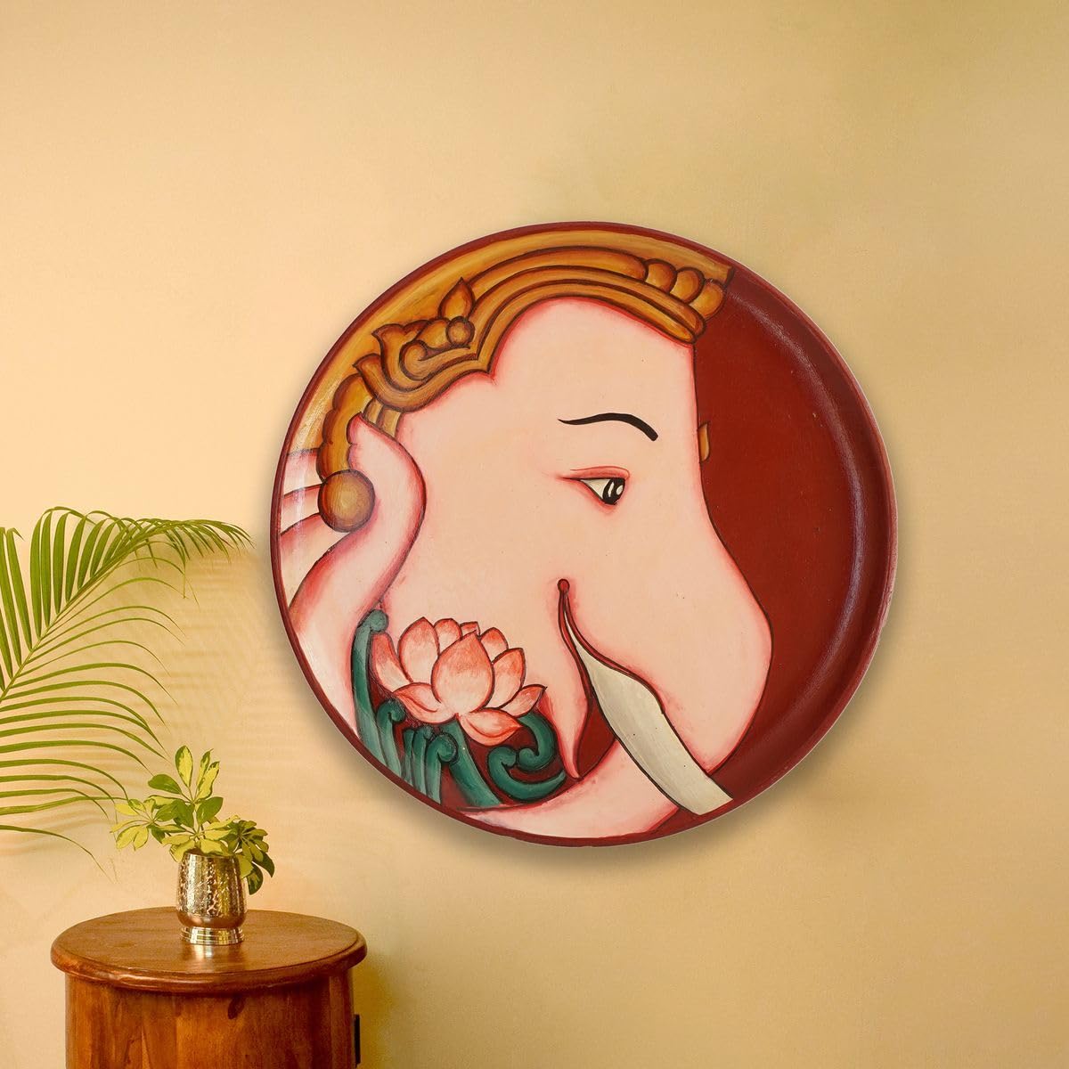 Tarang Arts Ganesha with Lotus Hand Painted Wooden Wall Hanging Plate - Mango Wooden Plate | Decorative Wooden Wall Art for Home Decor, Living Room, Office, Temples, Wall Plates, Gifts (12x12 Inch)