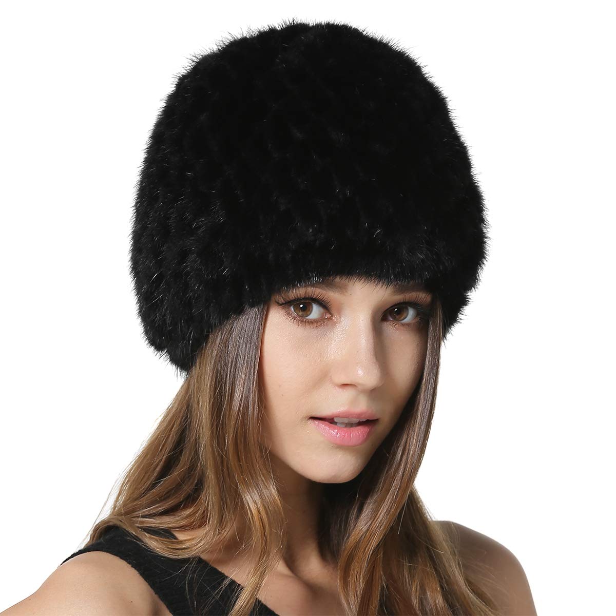 KAISHIN Cappelli di Pelliccia di Visone Invernale per Donna Cappelli di Vera Pelliccia a Maglia con Fodera a Maglia