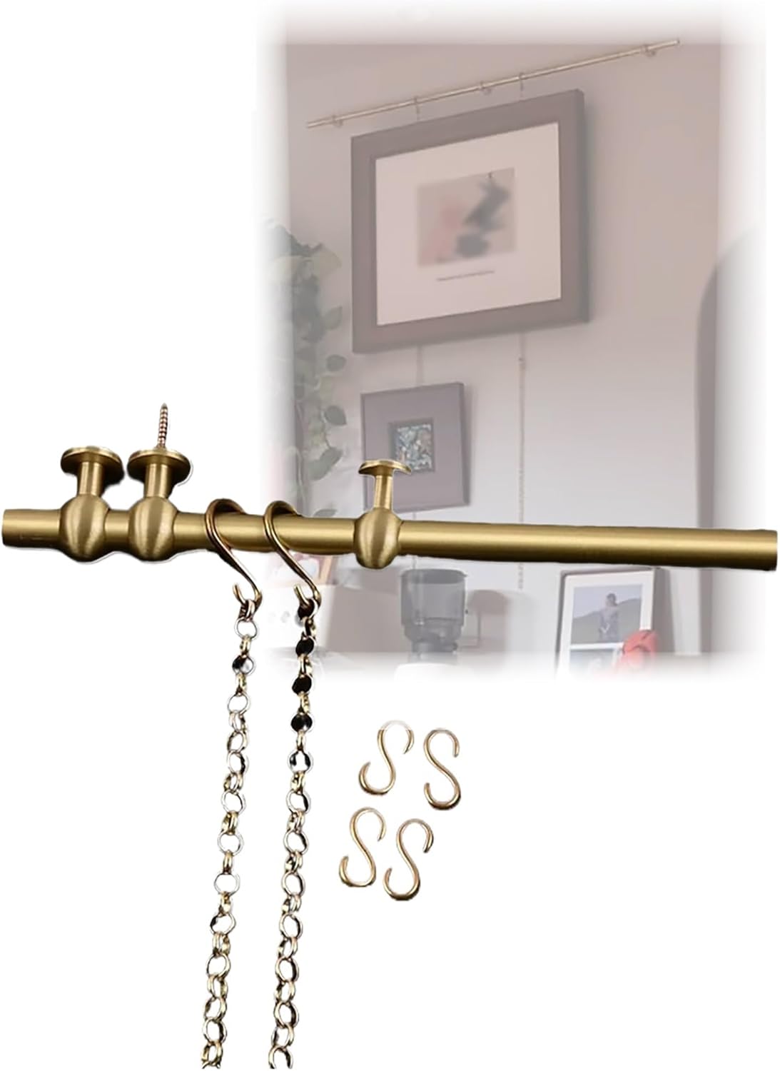 Vintage Brass Picture Rail Hanging System, Wall-Mounted Art Display Track with Gold Chains & Hooks for Frames, Mirrors & Artwork - 70cm (27.56in)