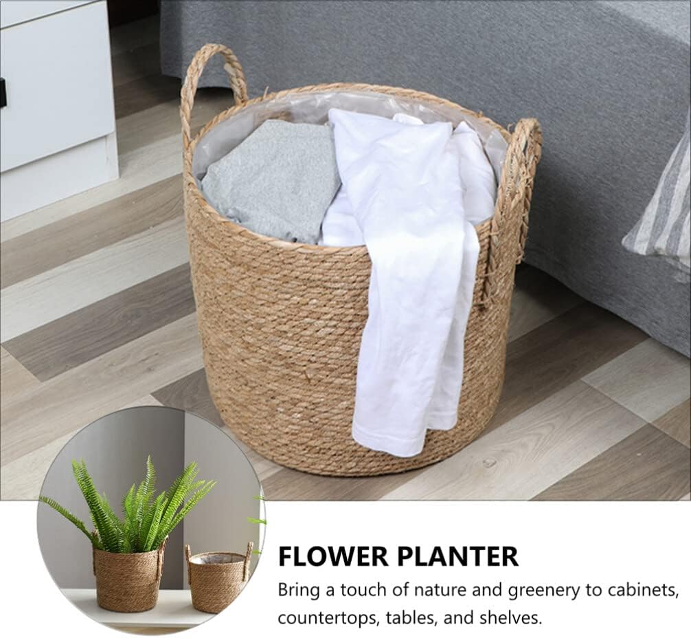 Kisangel 1pc Seagrass Basket Planter Straw Flowerpot with Plastic Liner Hand Flower Planter for Home Decor(25CM)