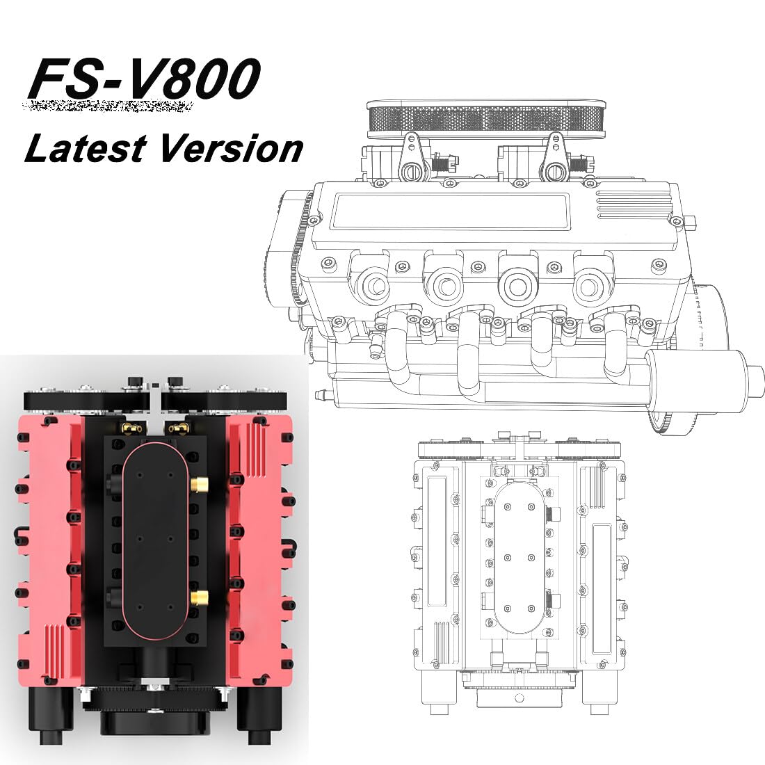 Silnik spalinowy, zestaw do montażu, silnik FS-V800 1/10 "zrób to sam", 8-cylindrowy silnik czterosuwowy, chłodzony wodą, silnik nitro, model dla entuzjastów techniki