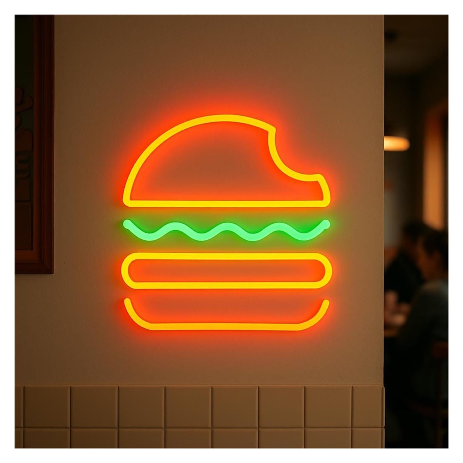 RONGCH Hanging Art Signs Burger Neon Sign Hamburger LED Light Dimmable for Bussiness Store Fries Restaurant Fast Food Party Commercial Open Decor 40cm