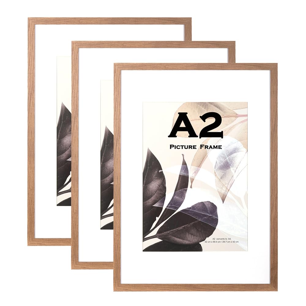 Brown Wooden Picture Frame A2(42x59.4cm) with Mat,Set of 3, Mount for A3 Picture or Certificate,Wall Mountable