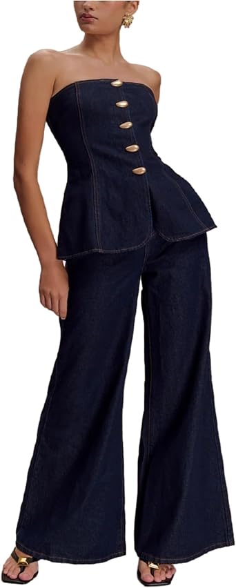 VOIKERDR Denim Set for Women 2 Piece Off Shoulder Corset Top and Flare Jeans Set Y2K Outfits Streetwear