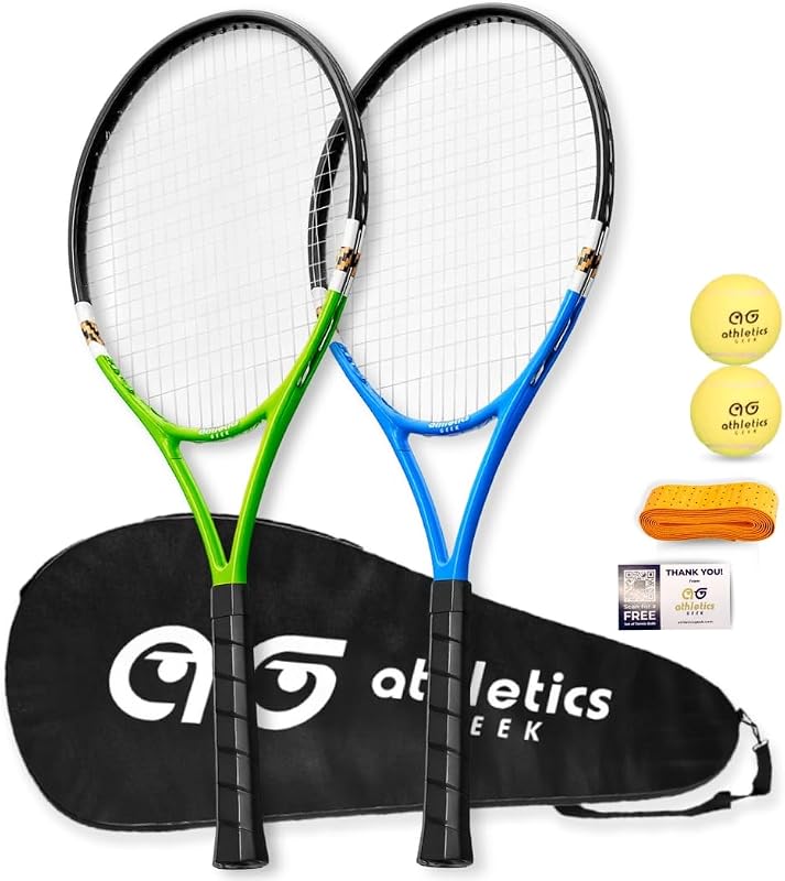 Tennis Rackets 2 Pack for Beginners - Two-Color Variety Pack with 2 Tennis Ball, Grip Tape, Offer Cards & Carry Bag - Lightweight, 27 Inch Tennis Racquets for Boys & Girls Ages 12+