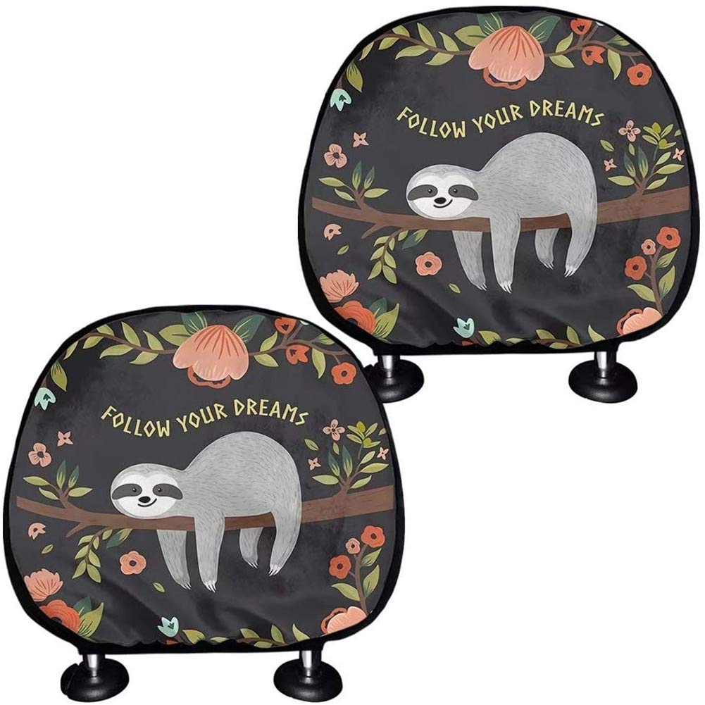 TOADDMOS 2 Pack Sloth Floral Car Truck SUV Van Headrest Covers,Universal Car Seat Head Rest Protector(Follow Your Dreams)