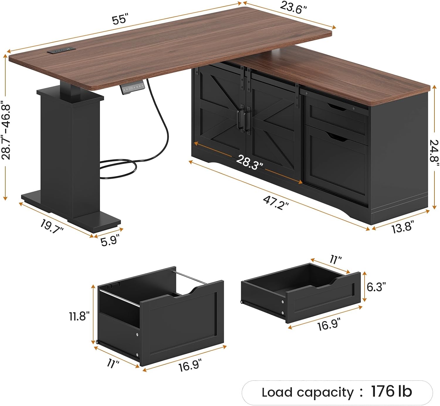 SEDETA Farmhouse 55 inch L Shaped Standing Desk with Storage Drawers | Height Adjustable Corner Computer Desk with Power Outlets, Sliding Bar Door for Home Office, Black image 2