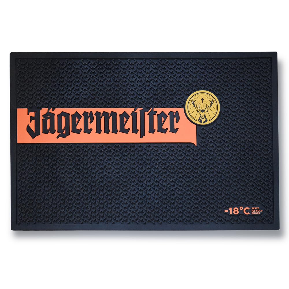 Originale Jägermeister XXL Bar-Matte Abtropf-Matte mit Noppen und Logo, Schwarz + Jägermeister Kunststoff-Probierbecher + Albellion Flaschenöffner