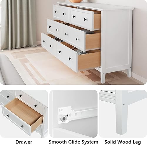 Miniatura 8 de JOZZBY Cómoda blanca, cómoda de 6 cajones dobles para dormitorio con asas dobles de metal, aparadores de madera con cajones profundos para dormitorio