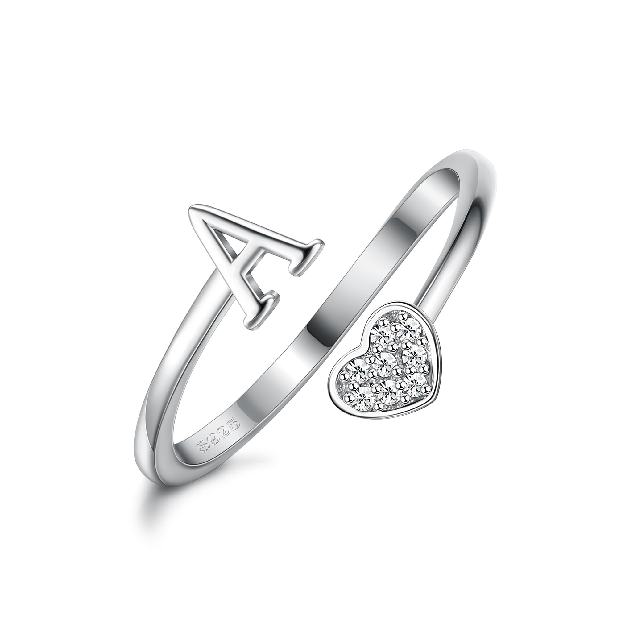 Feng Shui， Anillos de Plata de Ley 925 con Inicial de corazón para Mujeres y niñas, Anillos apilables Ajustables con Letras del Alfabeto chapados en Oro de 18 Quilates para Adolescentes