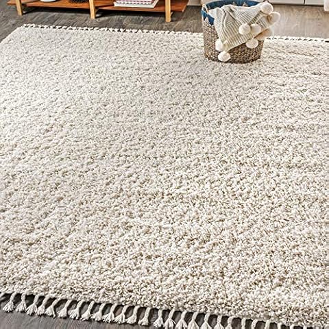 JONATHAN Y MCR100D-8 Mercer Shag Plush Tassel Indoor Area-Rug Bohemian Modern Contemporary Solid Easy-Cleaning Bedroom Kitchen Living Room, 8 X 10, Cream with Tassel Cover
