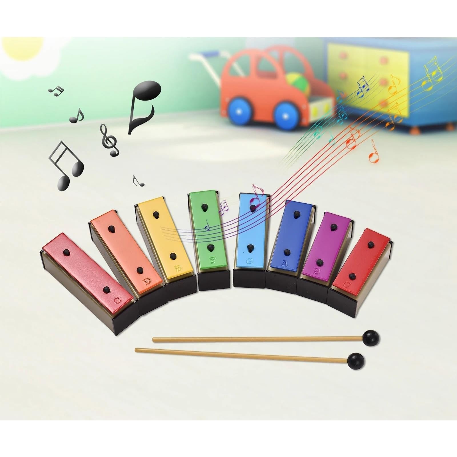 Instrument De Musique Xylophone En Bois Plaques Métalliques Xylophone À 8 Notes Cloches De Résonateur Avec Maillets En Plastique Étui Vert Instrument De Percussion
