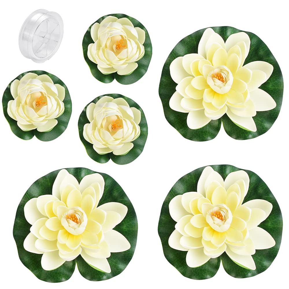 Set da 6 Ninfee Artificiali Galleggianti Fiori di Loto Finti Realistici 3 x 10cm e 3 x 18cm Decorazioni per Laghetti, Fontane, Acquari e Piscine, Resistenti agli Agenti Atmosferici (Beige)