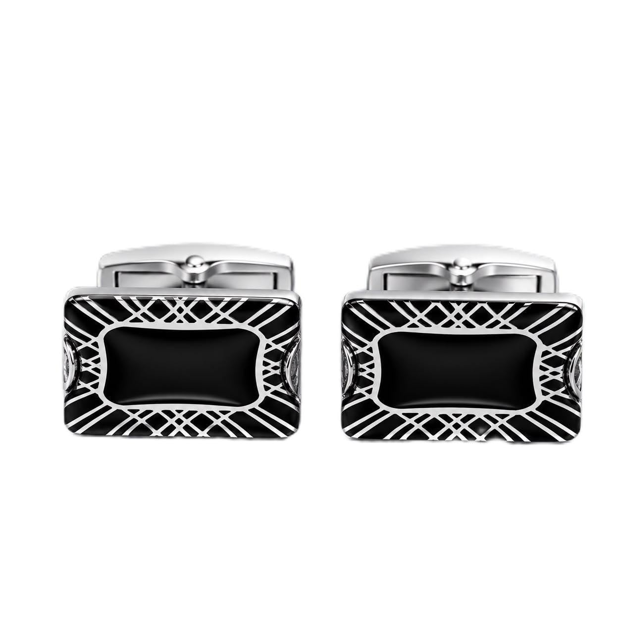 Cufflinks for Men Black Enamel Silver Lattice Design-image-4
