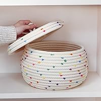 Vista 5 de PATKAW Cestas de almacenamiento tejidas con tapa, cesta pequeña de cuerda de algodón, caja de regalo de fiesta, caja de joyería redonda, soporte