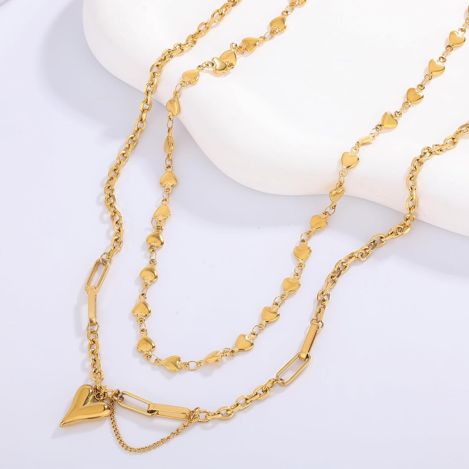 18K Gold Women's Heart Pendant Necklace,chunky gold necklace Stackable Two Piece Set, Multi-Layered Chunky Heart Necklace,layered gold necklace, Women's Fashion Jewelry Gift - Image 2