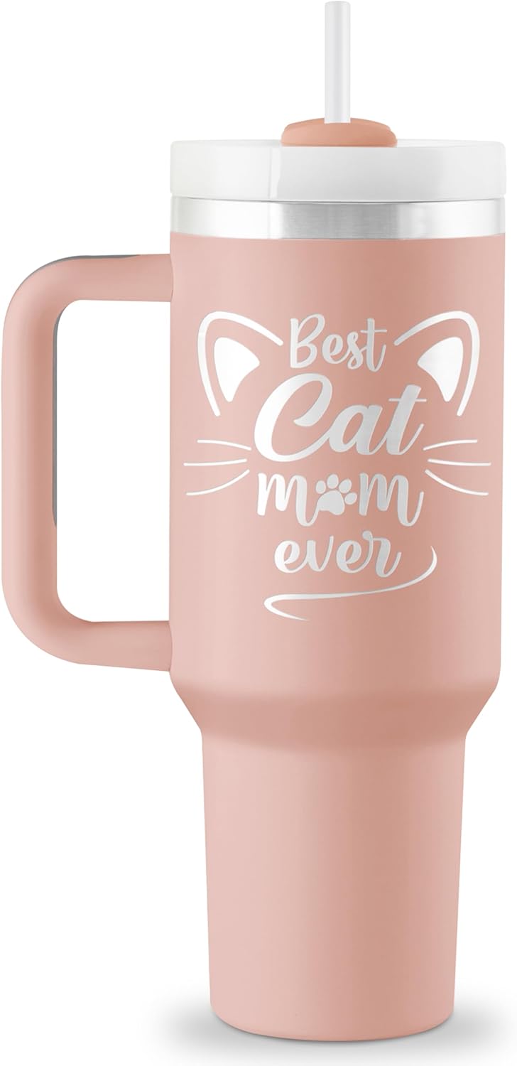 ROSTANTEN Cat Mom Gifts for Women - Cat Gifts for Women - Cats Lover Gift for Woman - Mothers Day Gift for Cats Lovers, Lady - 40 oz Travel Cup Insulated Tumbler with Handle & Straw