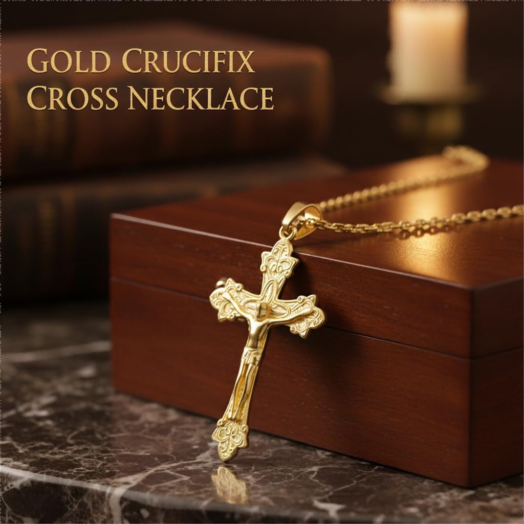 Gold Crucifix Necklace 14K Gold Cross Necklace Jesus Cross Pendant Religious Catholic Jewelry for Men Women - Image 7