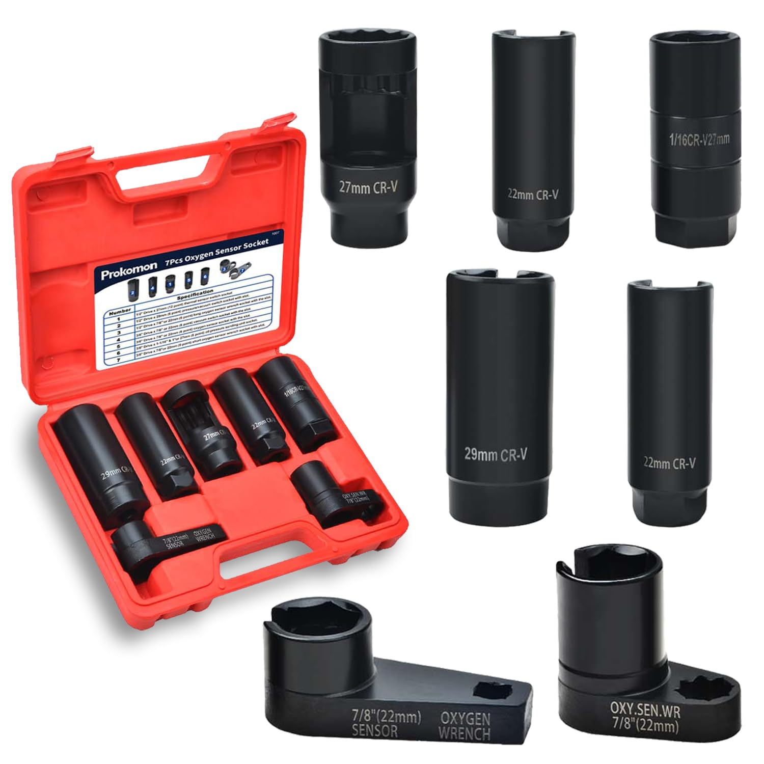 Prokomon 7pcs Oxygen Sensor Socket Set, O2 Sensor Removal Kit, Oil Pressure Sensor Socket Wrench Set