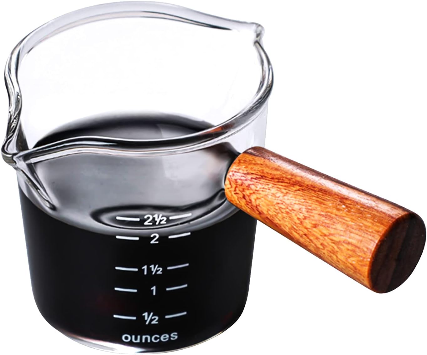 Double Spouts Measuring Cup with Wooden Handle Heat-Resistant Espresso Shot Glasses 3.5oz Mini Sauce Pitcher for Milk Coffee Tea Wine Cocktail