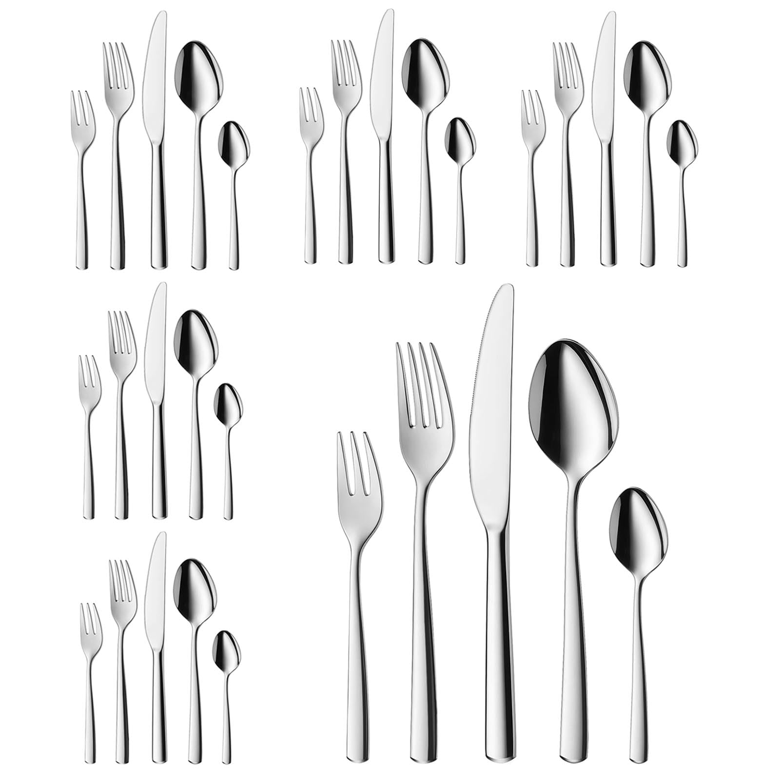 Juego de cubiertos para 6 personas, 30 piezas de acero inoxidable, juego de cubertería plateado, elegante acero inoxidable con cuchillo, tenedor, cuchara y apto para lavavajillas