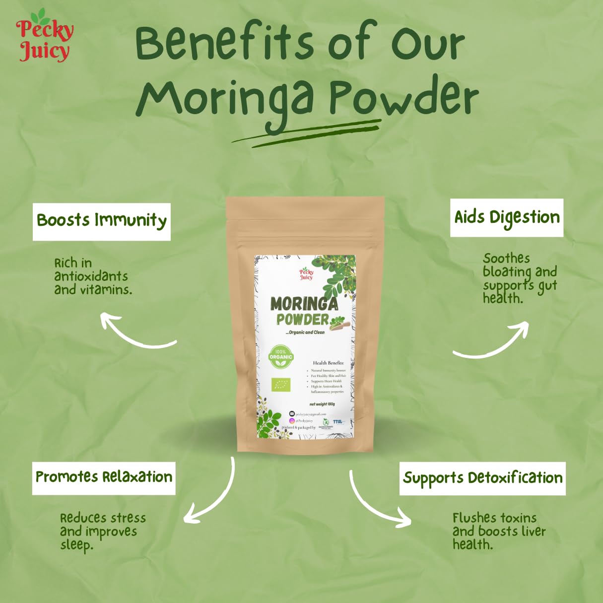 100% Pure Moringa Powder 180g with FREE 5g Scoop by Pecky Juicy, Pure Botanical Powder for DIY Beauty Wellness - Image 4
