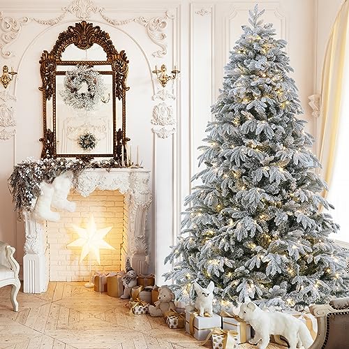 Image of FairyHaus Christmas Tree 9 ft, Prelit Flocked Christmas Tree with 10 Function Lights, Warm White & Multi-Colors, Easy Assembly, Hinged Christmas Trees Prelit with Metal Base, 650 Lights