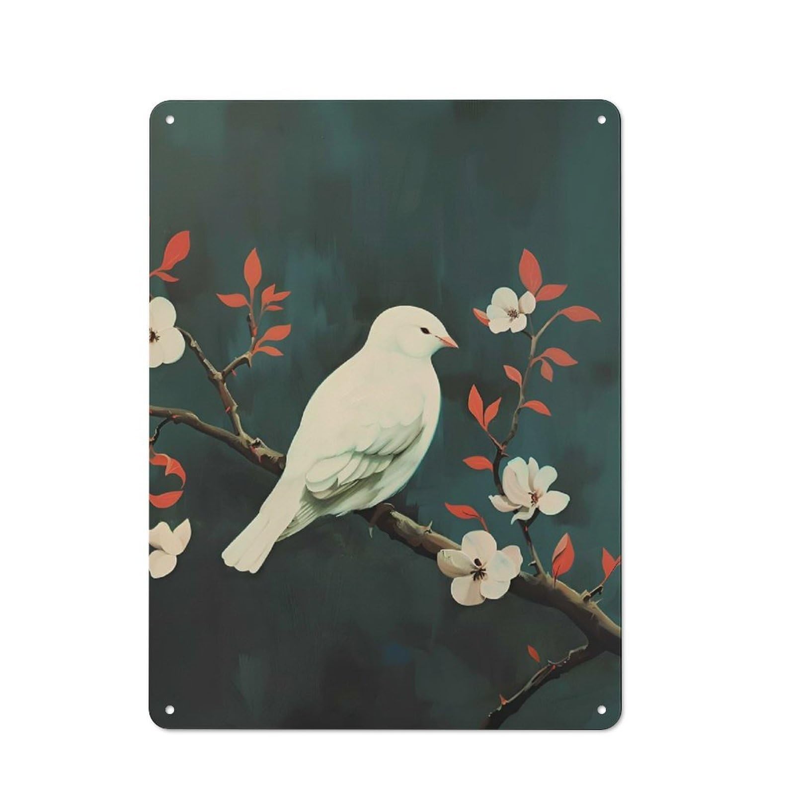 Junmoney Style-21 White Bird On A Branch With Flowers Rustic Metal Wall Decor 40X30cm, Decorative Metal Plaque For Shed, Garden Room, Porch Or Garage