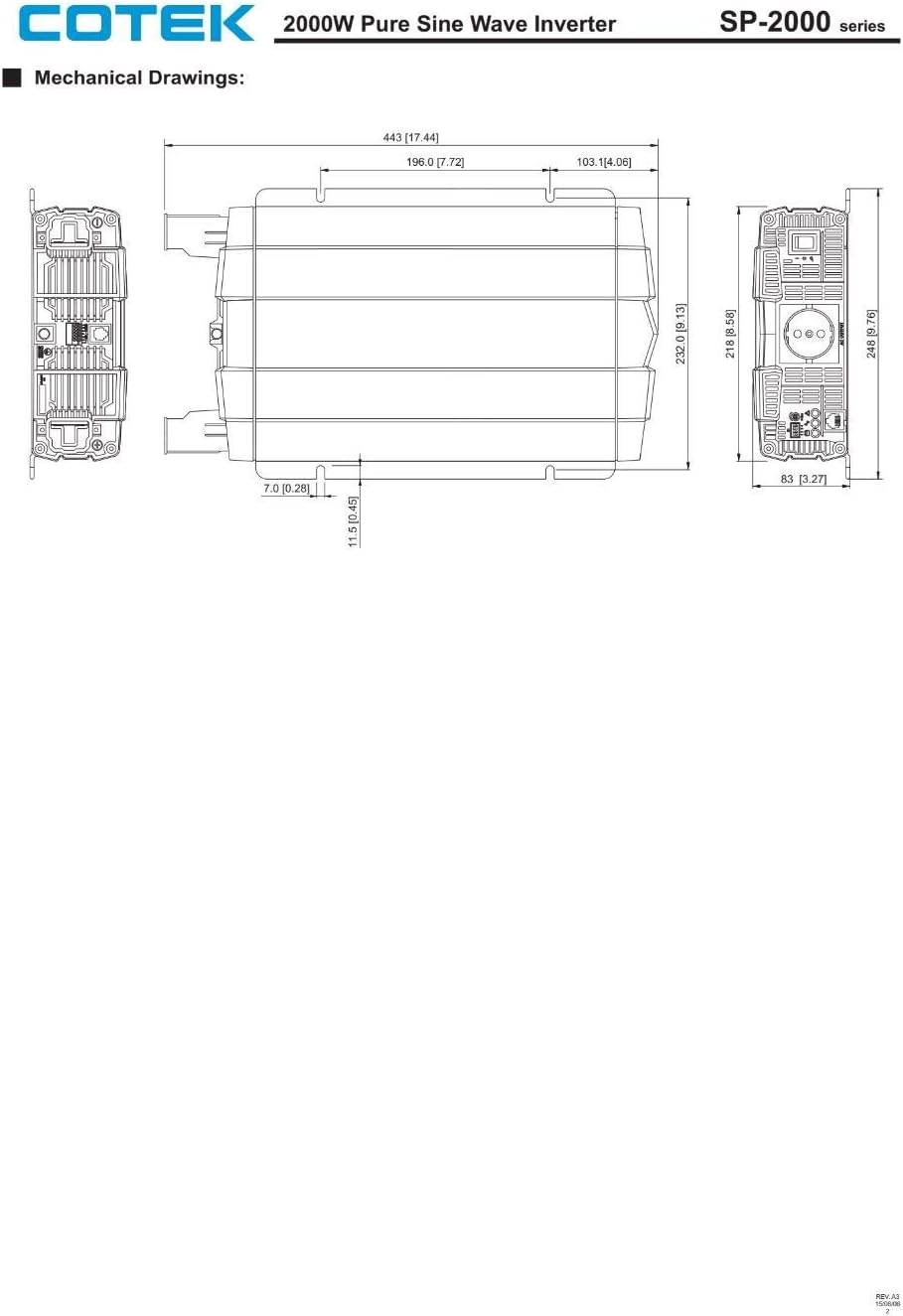 Mechanical drawings with dimensions for COTEC SP-2000 series inverter