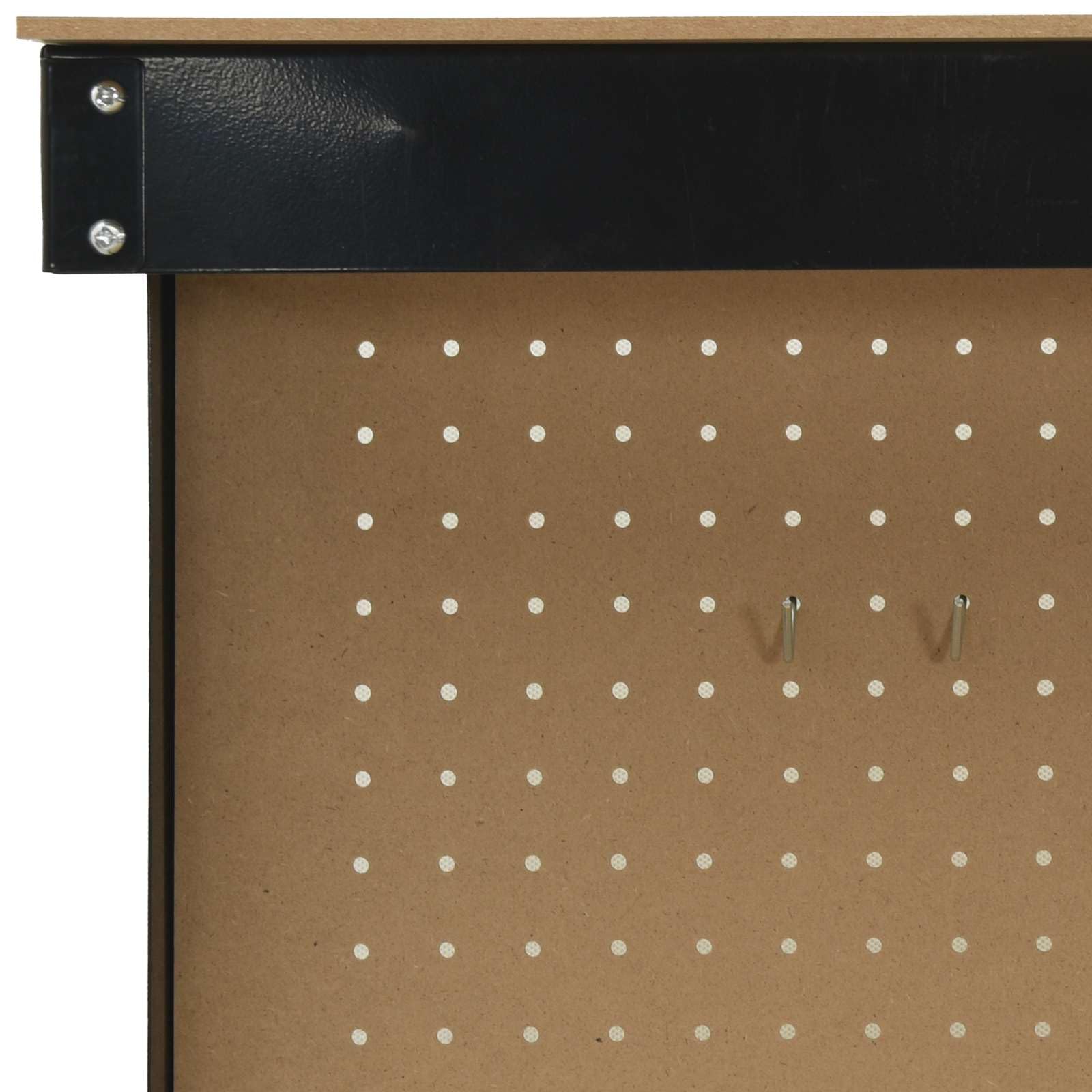 Banco de trabajo negro de madera contrachapada y metal, 81 x 41 x 145 cm, con cajón, pared perforada, estante y espacio de almacenamiento para taller, garaje, sala de ocio y suministros de
