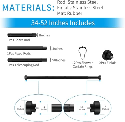 Miniatura 7 de Barra de cortina de tensión de 34-52 pulgadas (2.8-4.3 pies) con 12 anillos de cortina de ducha, barra de tensión ajustable sin perforación,