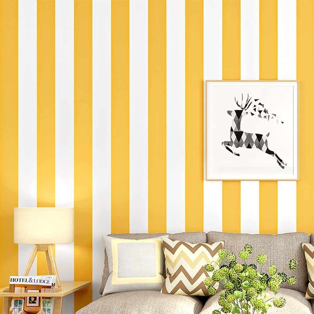 MEAIHOME Modern Simple Horizontal Vertical Striped Bedroom Coffee Restaurant Clothing Store TV Background Non-Pasted Wallpaper Roll Yellow White 1.73' L x 32.8' W - Image 3