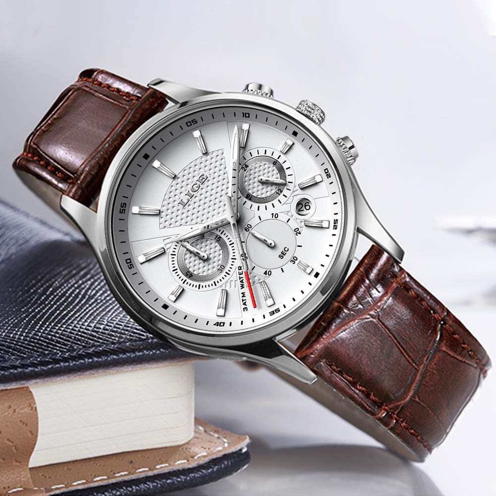 LIGE Relojes Hombre Cronógrafo Analógico Cuarzo 3bar Impermeable Pulsera de Cuero Deporte Watch Business Casual Relojes de Pulsera Regalo Elegante Marrón Blanco