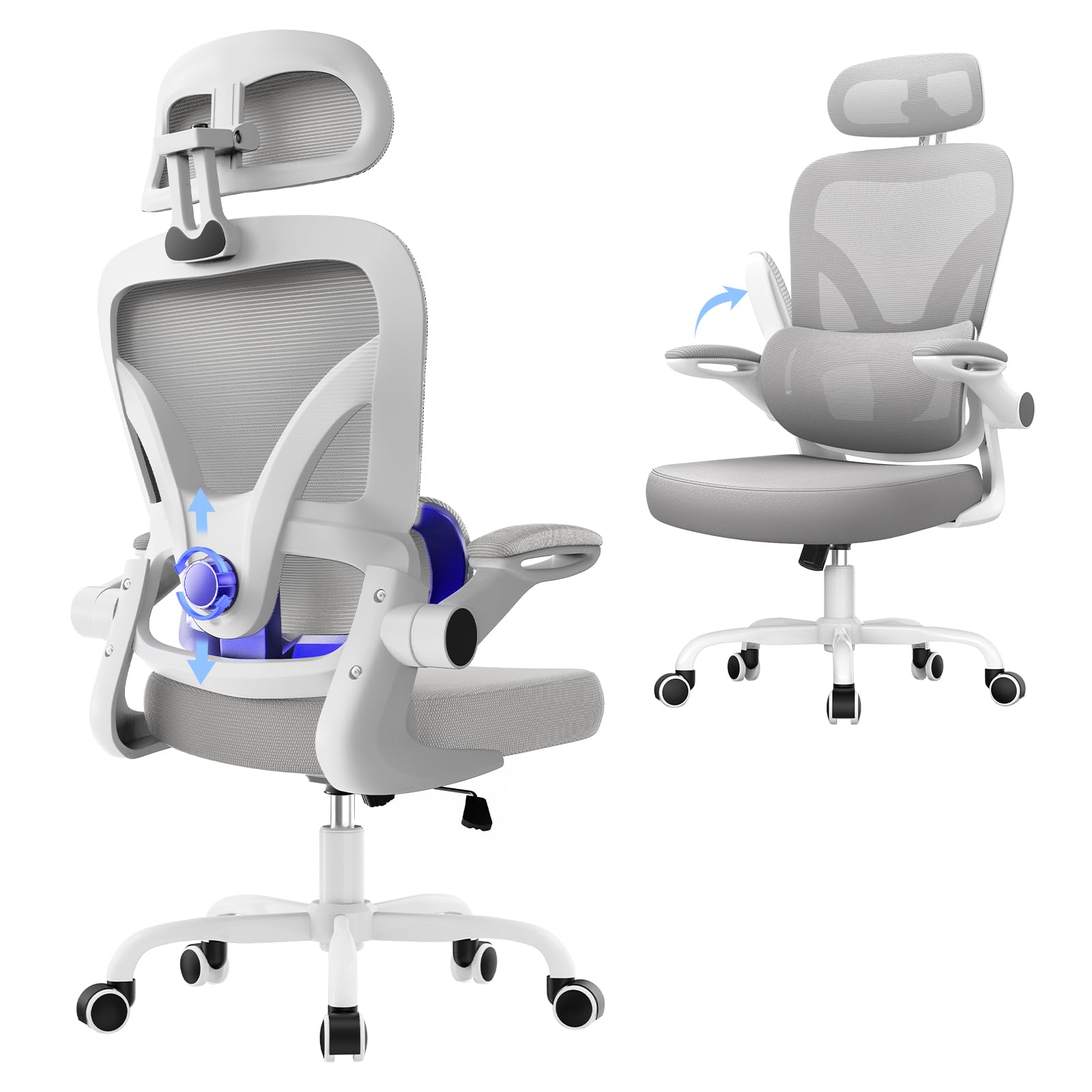 Chaise Bureau Ergonomique, Fauteuil Bureau avec 2D Soutien Lombaire, Gris
