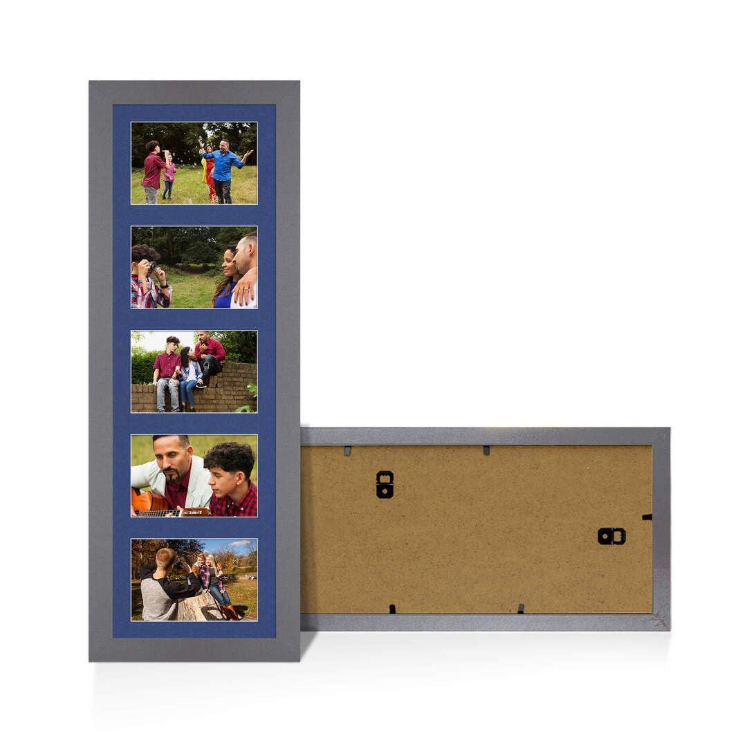Procut Global 26X8 Dark Grey Photo Frames For Multiple Pictures with Blue Mount-Sleek Collage Frame with 5 Apertures (5x) 6X4-Engineered Wood with Shatterproof Perspex