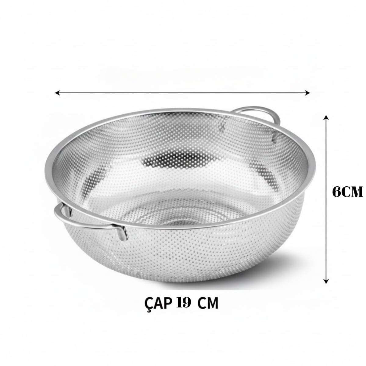 Premium 19 cm Paslanmaz Çelik Küçük Mutfak Süzgeci, Çift Kulplu Metal Pirinç Yıkama Kabı, Isıya Dayanıklı Delikli Meyve ve Sebze Süzme Kasesi (Gümüş)