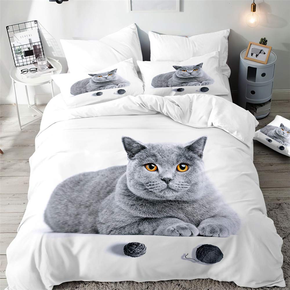 Surwin Set Copripiumino e Federe Matrimoniali Singolo 3 Pezzi, 3D Gatto Animale Stampa Set di Biancheria da Letto in Microfibra con 2 Federa e Copripiumini a Cerniera (Coppia,200x200cm