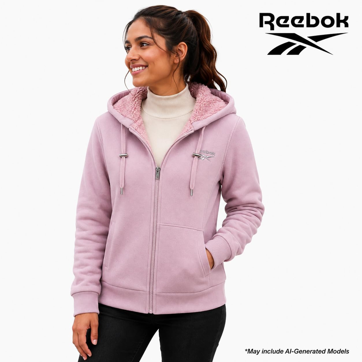 Reebok Womens Fleece Jacket Sherpa Lined Midweight Full Zip Hooded Jacket