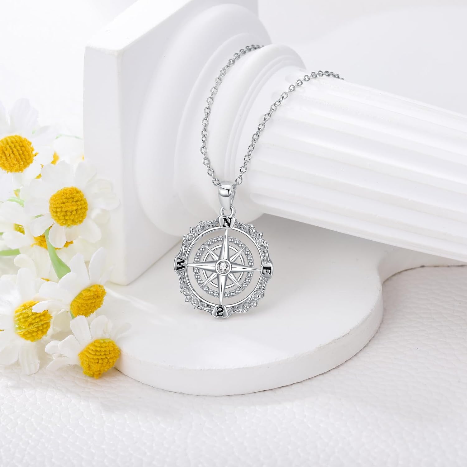 Diamond Compass Necklace for Women 925 Sterling Silver Lab-Grown Diamond Vintage Style Filigree Compass Pendant Necklaces Christmas Birthday Gifts - Image 5