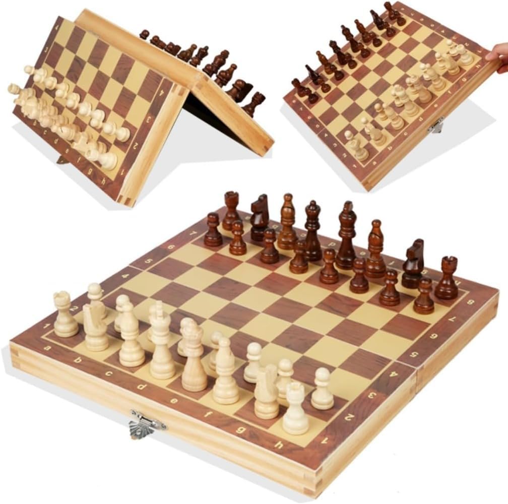 International Game Chess Multifunctional Black and White Chess 3 in 1 Wooden Pieces Folding International Set Wooden Set Folding Board (29*29cm)