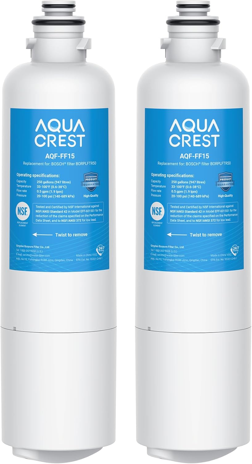 AQUA CREST 11032531 Replacement for Bosch UltraClarity Pro BORPLFTR50, 12033030 Refrigerator Water Filter, Compatible with 11025825, BORPLFTR55, B36CD50, B22CS50, B36FD50SNS, B36CT80SNS, 2 Pack
