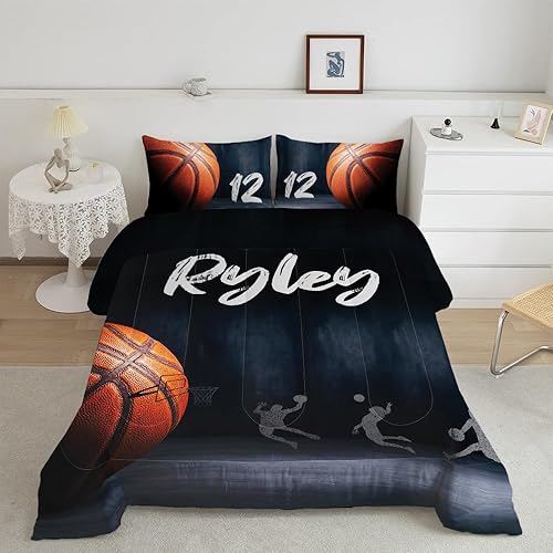 Juego de edredón personalizado de baloncesto tamaño matrimonial para niños y adolescentes, juego de cama individual de microfibra ultra suave,