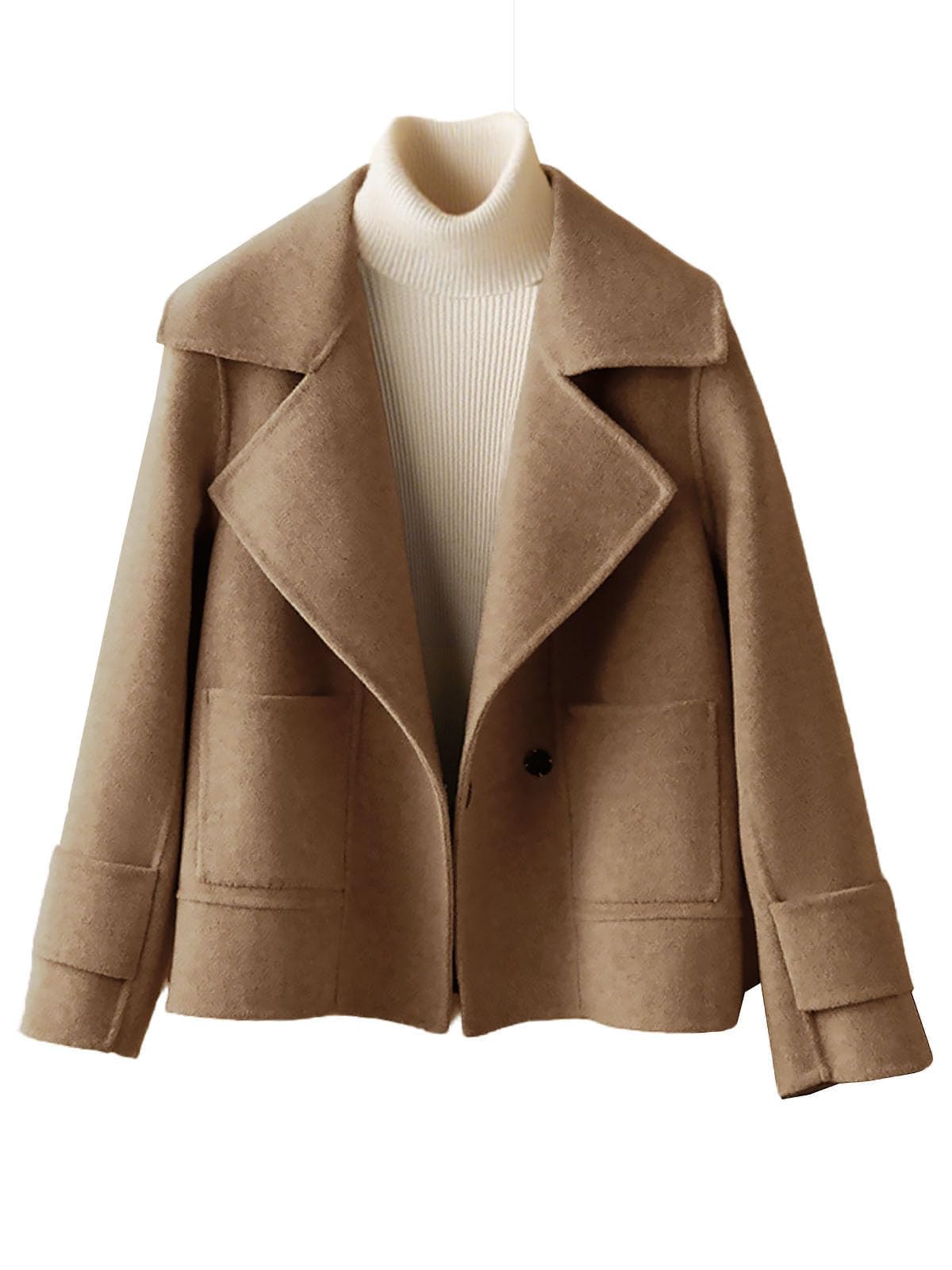 utcoco Womens Short Wool Pea Coat Notched Lapel Cropped Woolen Trench Coat with Pockets
